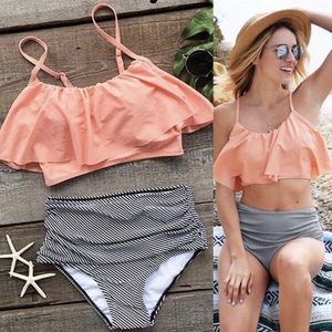 Cupshe Falbala high-waisted bikini in peach and BW